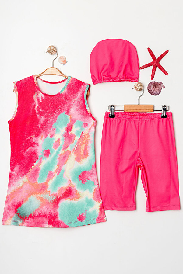 Beniizle Desenli Kolsuz Boneli Kız Çocuk Üçlü Set Mayo