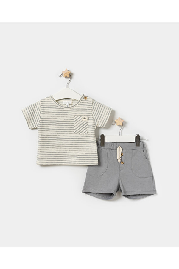 Minipodyum Cepli Çizgili T-shirt Şortlu Erkek Bebek Yazlık İkili Takım