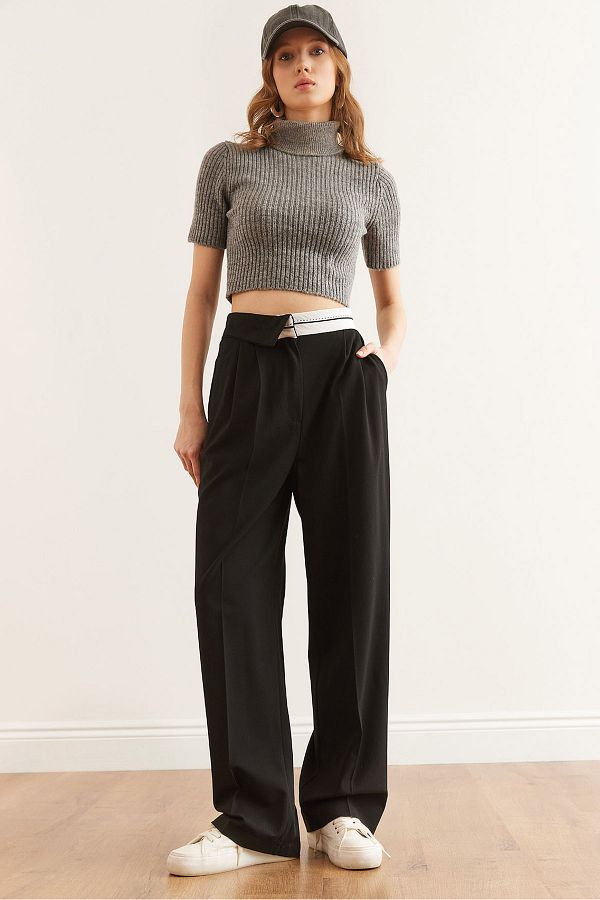 Olalook-Schwarze Polyviscose-Damenhose mit Taschen und Falten, weitem Bein PNT- 19000303 1