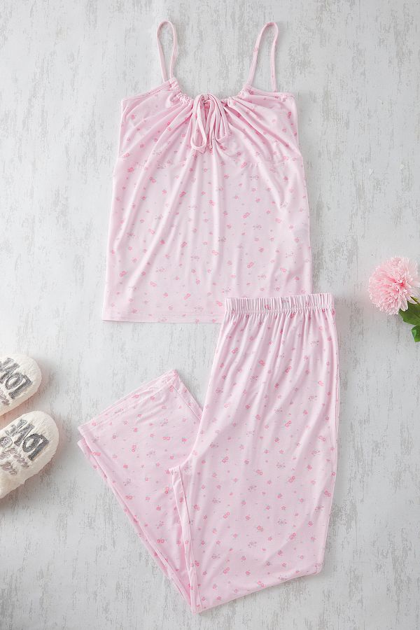 Trendyol Curve-Pink Floral Print Knitted Pajamas Set - Tbbss25Ai00080 with Tie and String Strap 1