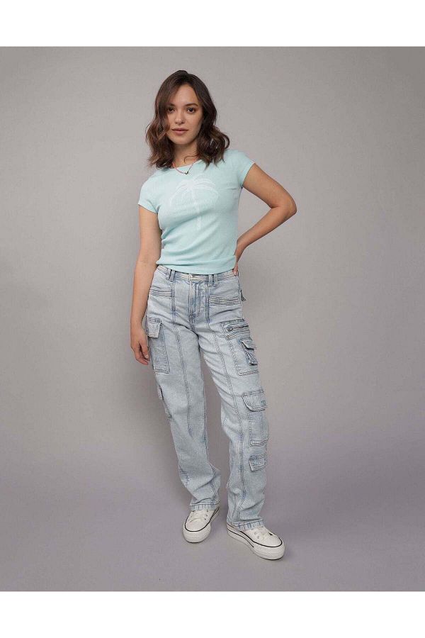 AMERICAN EAGLE-AE Stretch Super High-Waisted Baggy Straight Cargo Jean 1