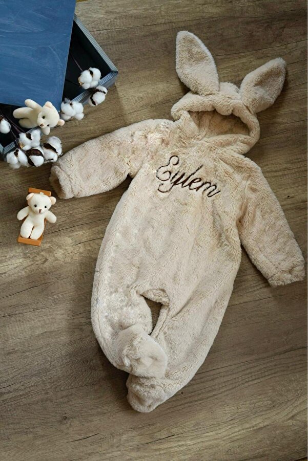 tinykiddesign Bebek Welsoft Tavşan Kulaklı Tulum Pamuklu Kapşonlu Yumuşak Tulum Kişiye Özel Isimli Nakışlı