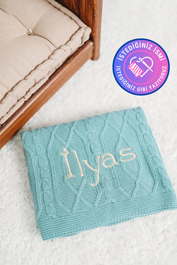 tinykiddesign Bebek Battaniyesi Desenli Triko Örgülü Yeşil Bebek Hediyesi Istediğiniz Ismi Nakışla Yazıyoruz