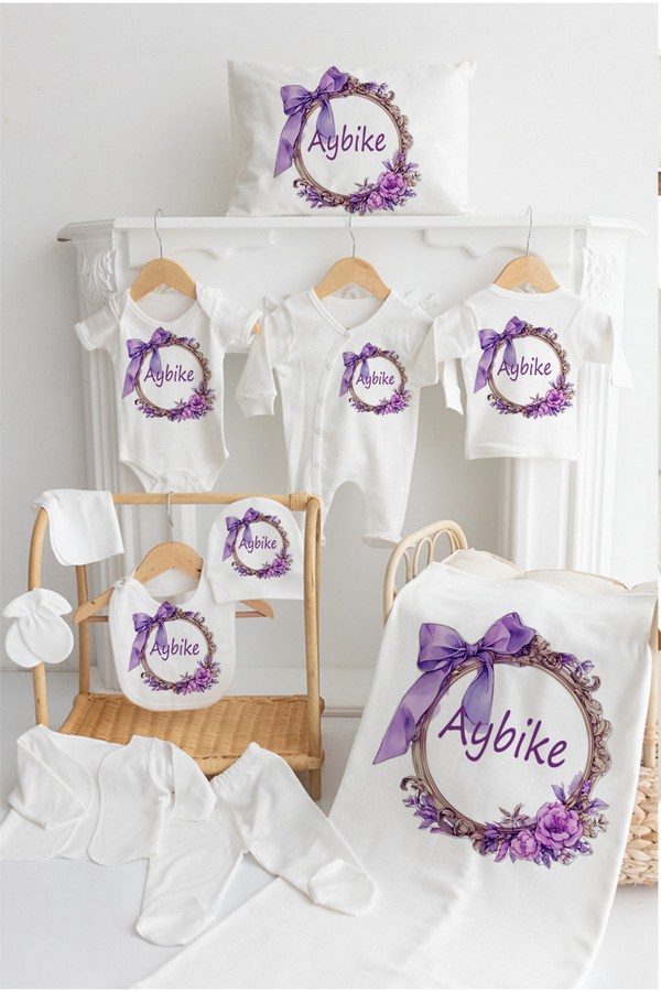 Bebe wini İsme Özel %100 Pamuk Baskılı 11'li Organik Bebek Hastane Çıkışı