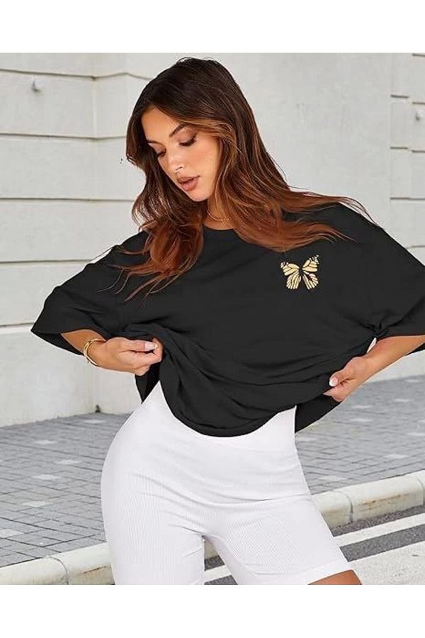 JANES-تي شيرت أسود مطبوع برقبة دائرية 1