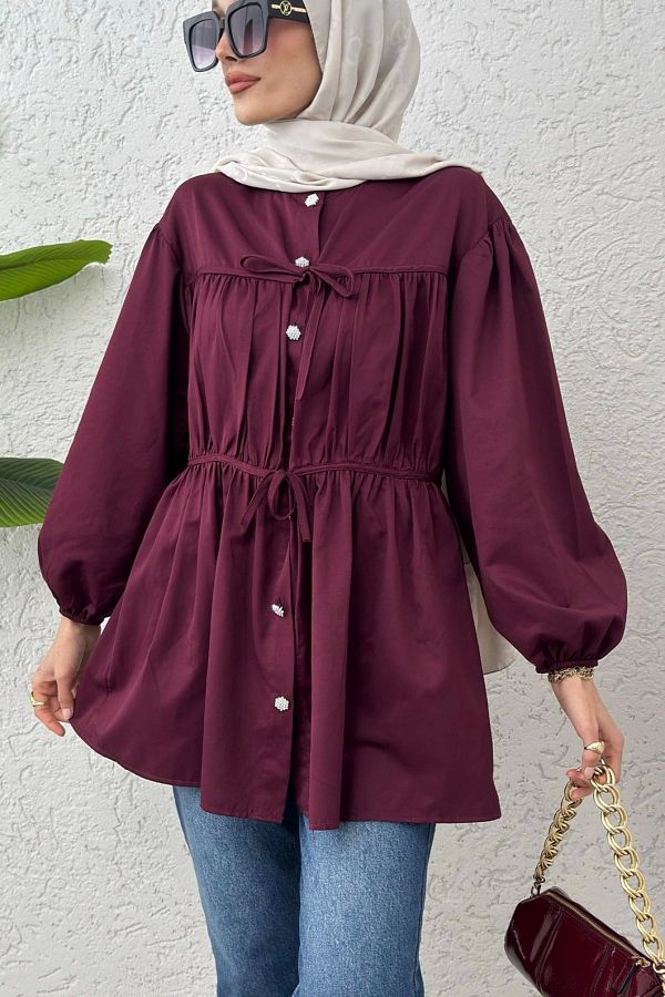DEFNECE BOUTIQUE-Burgundy Tunic - Lace-Up and Drawstring 1