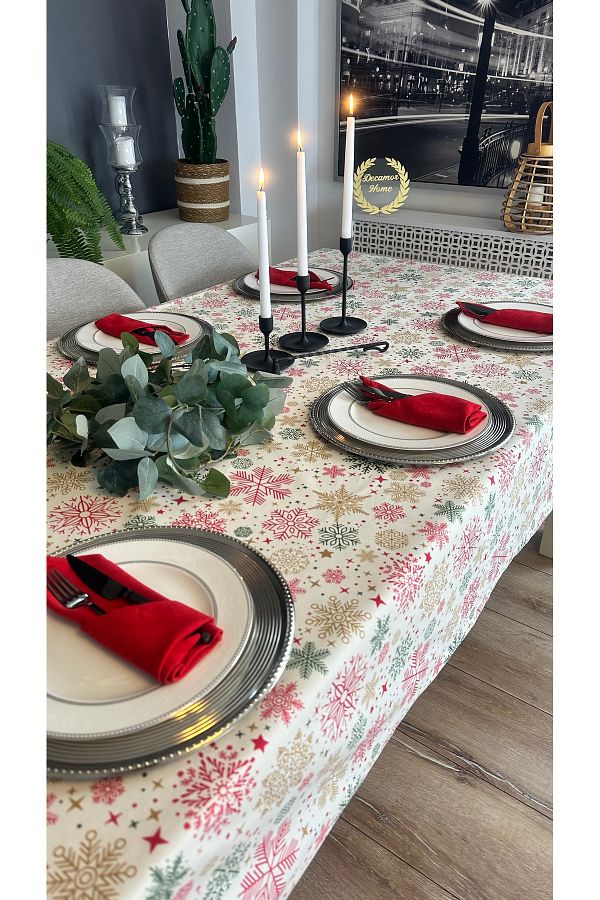 Decamor home-Snowflake Patterned Stain-Proof Liquid-Proof Ecru Red Tablecloth 1