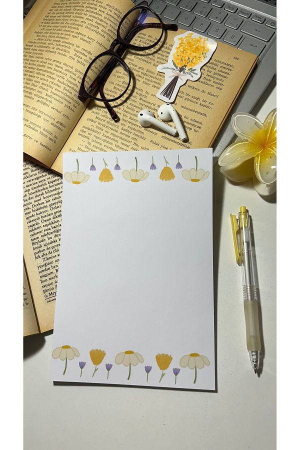 Handeto Kraft-Daisy and Purple Flower Notepad Check Pluck Notebook, Glue Memo Pad, A5 Notebook, Unlined Notepad 1