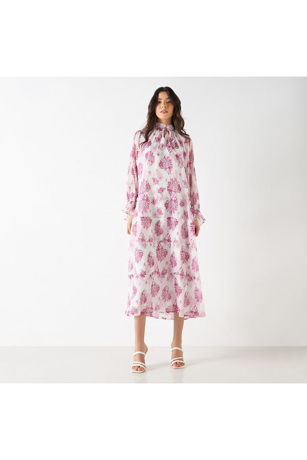 Iconic-All-over Floral Print Tiered Dress With Long Sleeves And Neck Tie-ups 1