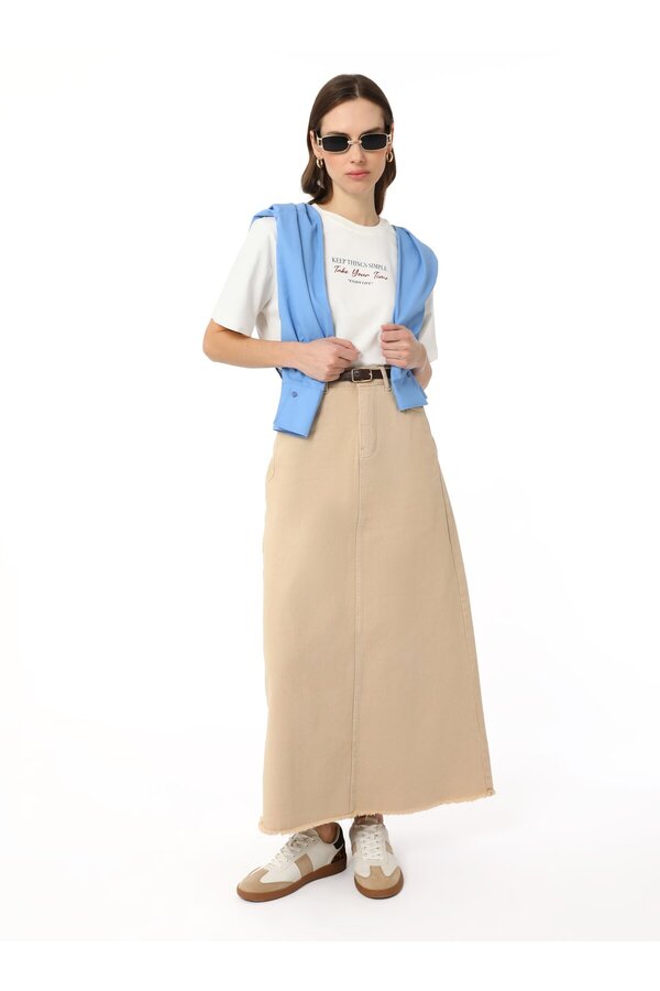 Benin-Denim Skirt with Pocket Detail - Dark Beige - Benin 1