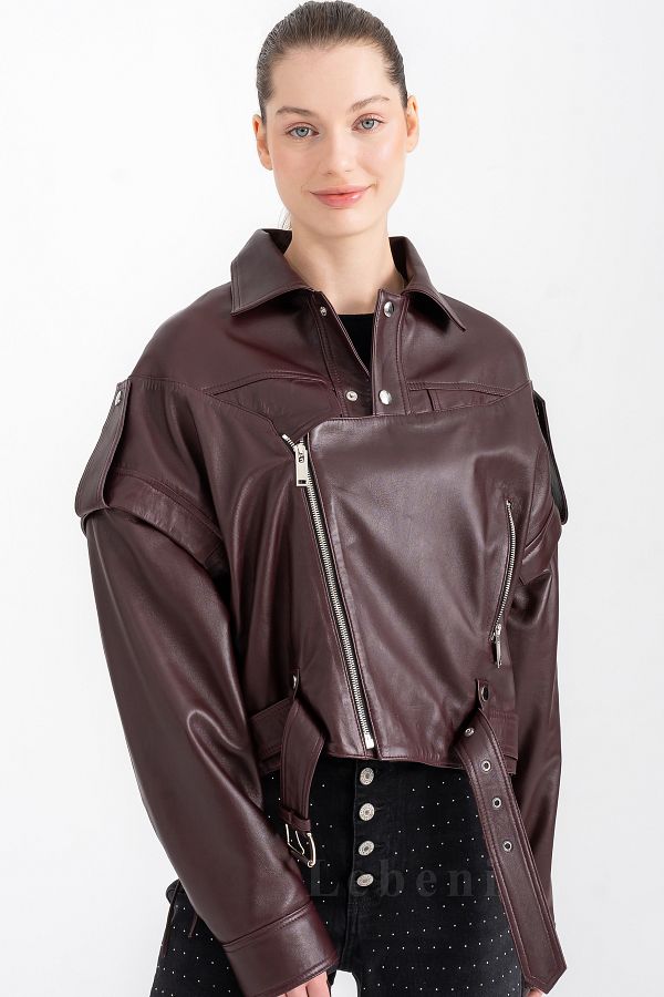 Lebeni-Women's Oversize Real Burgundy Lambskin Jacket Asymmetrical Zipper Biker Jacket 1