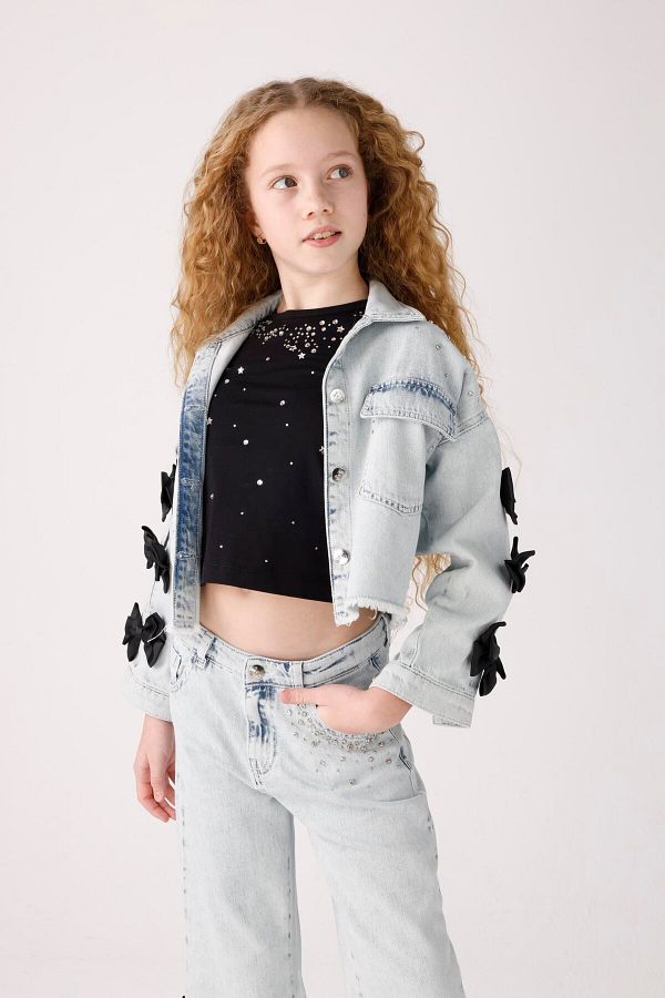 JENA-Girl's Stoned Bow Denim Jacket 3-8 Years Blue 1