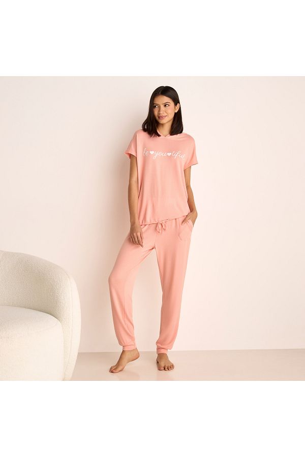 FAV-Slogan Print Hooded T-shirt and Elasticated Joggers Set 1
