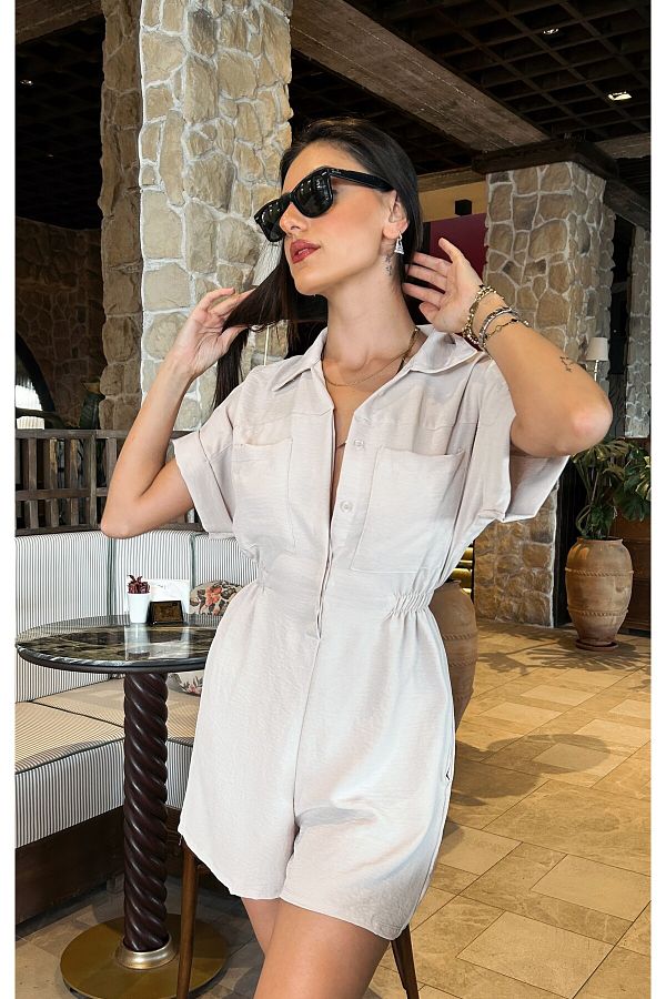 MEECY-Salopetă cu pantaloni scurți din viscoză crem pentru damă 1