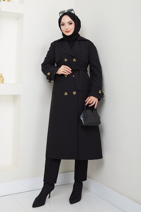 InStyle-Lined Black Trench Coat with Epaulettes on the Shoulders 1