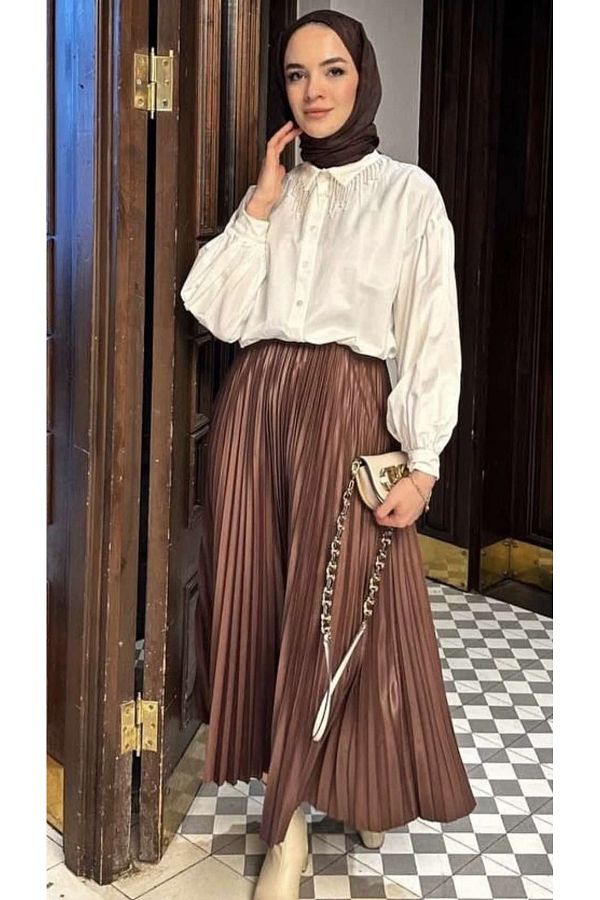 LOBOLIC-Pleated Satin Long Skirt - Leather Look, High Waist, Casual & Office Combination 1