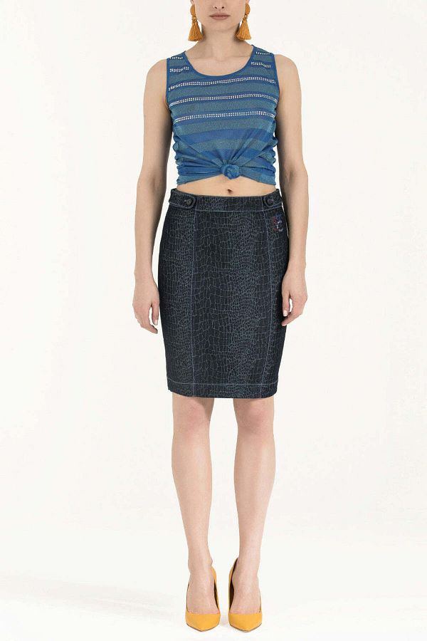 SOCIETA-Navy Blue Buttoned and Stone Denim Skirt 80521 1