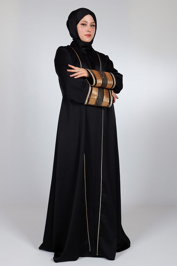 HARİKA WEAR-Luxury Black Abaya - Gold Detailed, Traditional and Modern Design 1