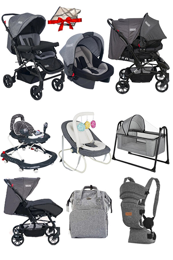 Tommybaby 9 Parça Bebek Çeyiz Seti Bebek Arabası Puset Beşik Yürüteç Ana Kucağı Kanguru Bebek Bakım Çantası