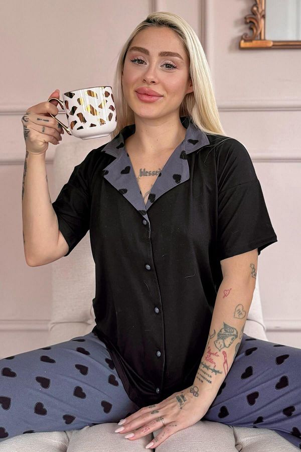 Pijamaevi-Black Soft Charm Patterned Bamboo Front Buttoned Short Sleeve Pajama Set 1