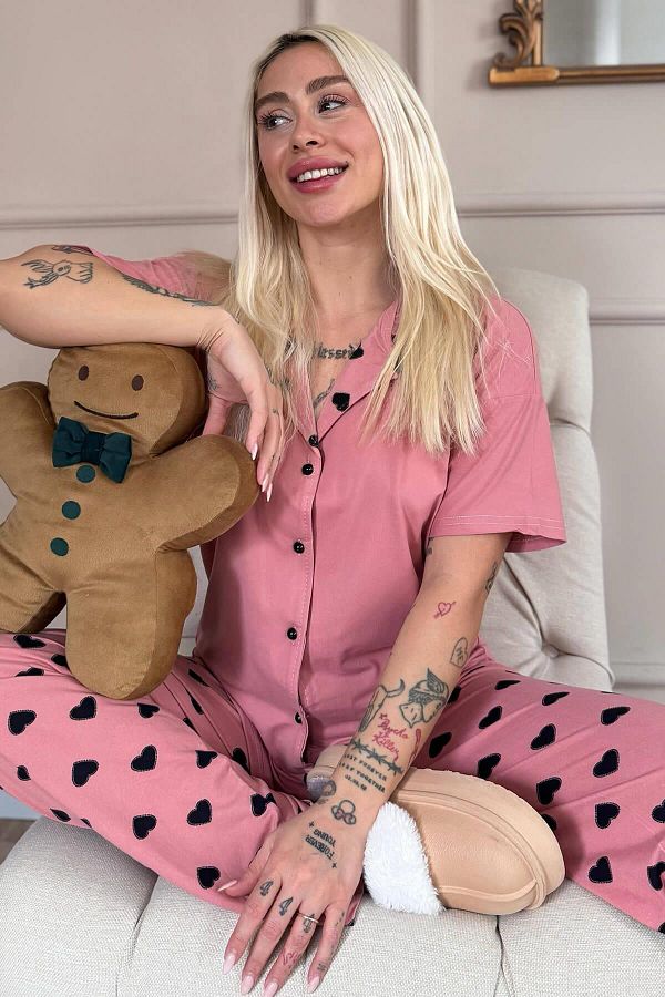 Pijamaevi-Salmon Soft Charm Patterned Bamboo Front Buttoned Short Sleeve Pajama Set 1