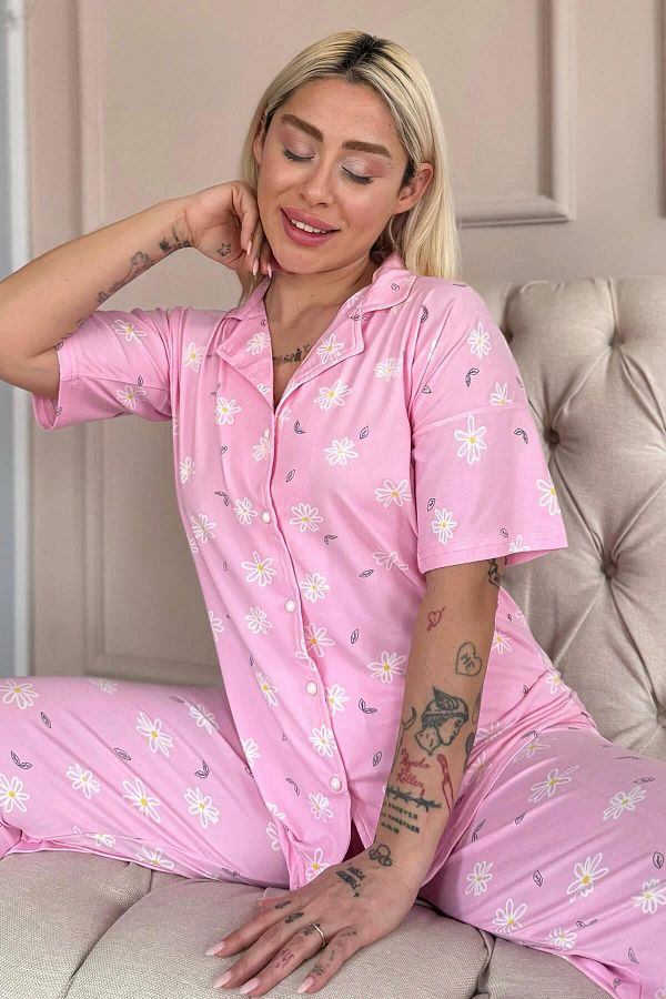 Pijamaevi-Light Pink Soft Daisy Patterned Bamboo Front Buttoned Short Sleeve Pajama Set 1