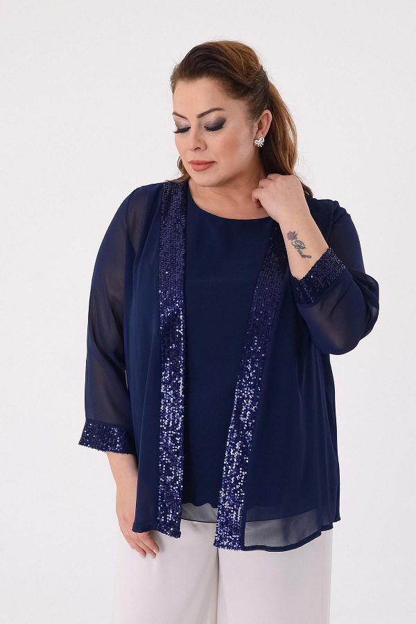 LİLAS XXL-Bluză de rochie de seară din șifon de culoare bleumarin de mărime mare 1