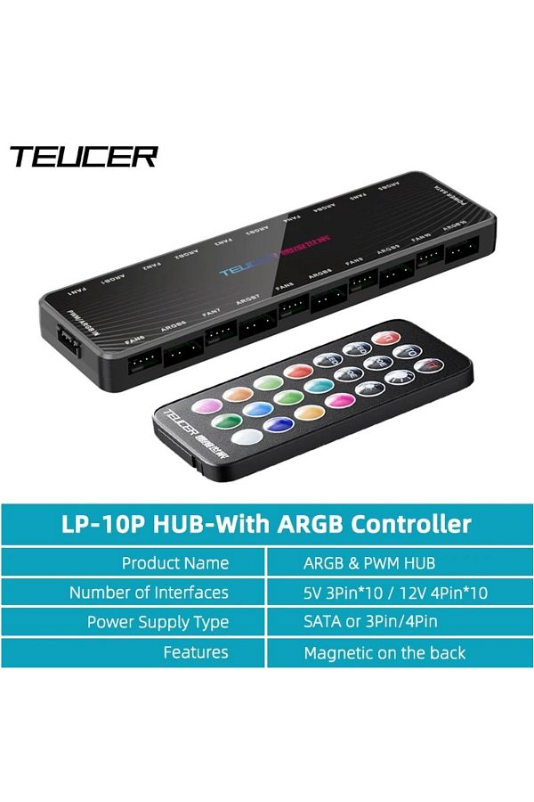 Choice-محول LP-10P-CR-BK TEUCER LP-10 ARGB/PWM HUB مع وحدة تحكم ARGB 2 في 1 لمحور المروحة 1
