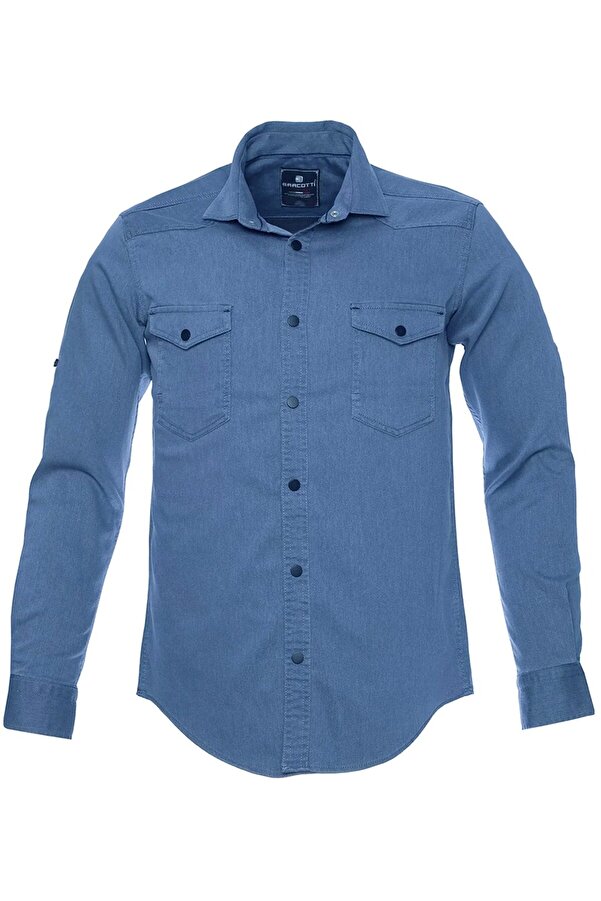 tambattal Lycra Plus Size Denim Shirt Long Sleeve Blue Suitable