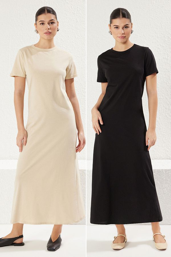 Trendyol Modest-Μαύρο-δερμάτινο κοντομάνικο πλεκτό φόρεμα εσωτερικά TCTSS25EB00075 1