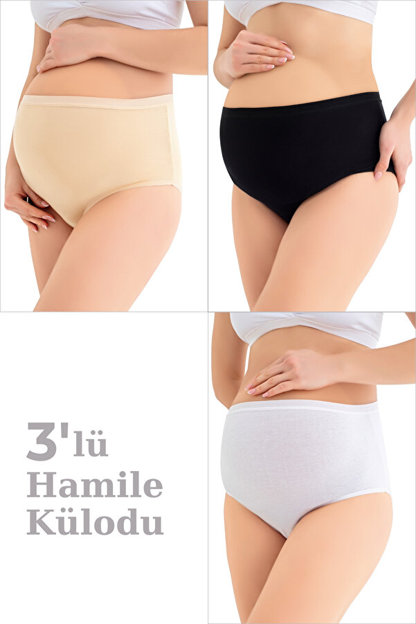 Arma Yıldız Kadın Lohusa Hamile Külodu Pamuklu Likralı Yumuşak Dokulu Esnek 3'lü Set Beyaz Siyah Ten