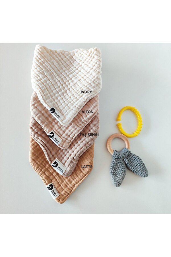 destinyhometex %100 Pamuklu 8 Kat Muslin Kumaş Üç Çıtçıtlı 4'lü Bebek Mama Önlüğü/ağız Mendili