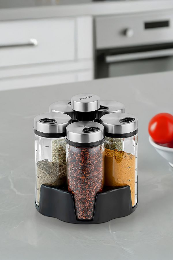 Nehir-6 Piece Borosilicate Spice Jar Set with Rotating Stand 1