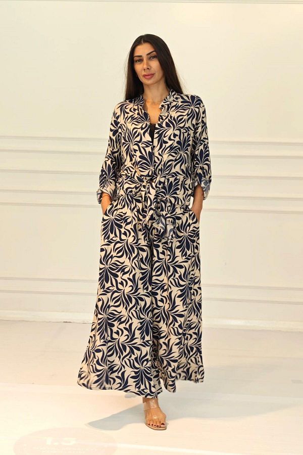 Keyifli Moda-Women's Navy Blue Patterned Shirt Pants Set with Epaulets and Pockets 1