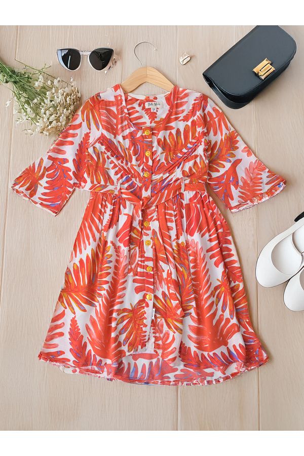 Bella Moda By Styli-All-Over Print Fit and Flare Round Neck Dress with Long Sleeves 1