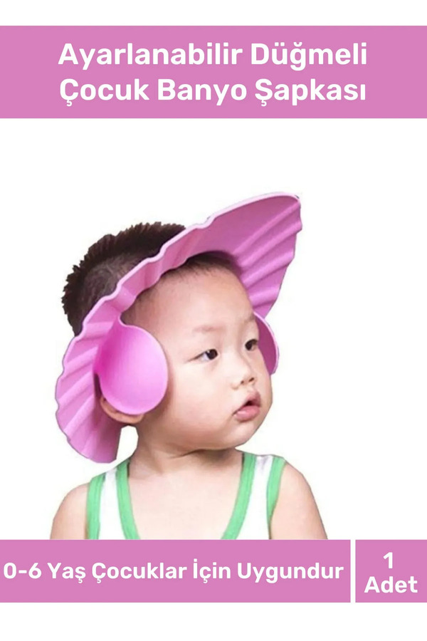 Fantazer Bebek Banyo Şapkası Duş Başlığı Ayarlanabilir Düğmeli Çocuk Küvet Göze Su Kaçırmayan Pembe Şapka