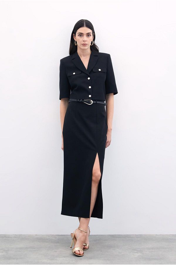 Sateen-Slit Belted Long Skirt - Black 1