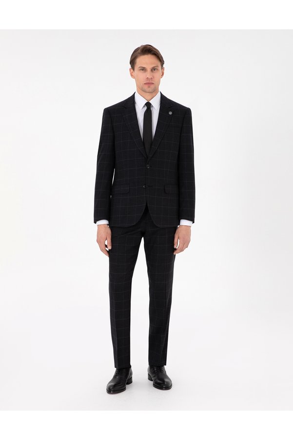 Pierre Cardin Black Slim Fit Plaid Wool Suit 50291964 -Vr046