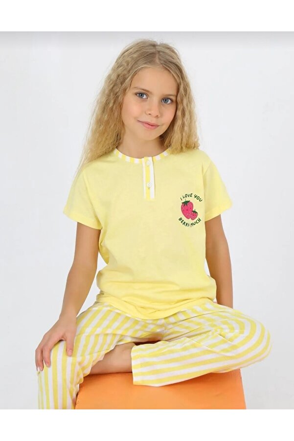 Elidabutik Sarı kısa kol %100 pamuk strawberry pijama takımı