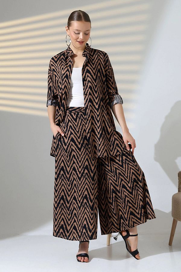 bacc-Brown Judge Collar Zigzag Patterned Shirt and Trousers Woven Bottom Top Set Bcvl-25V053-1 1