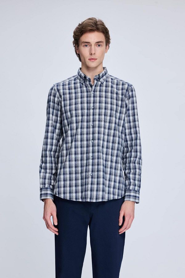Hatemoğlu-Navy Blue Slim Fit Checked Button Collar Long Sleeve Cotton Shirt 1