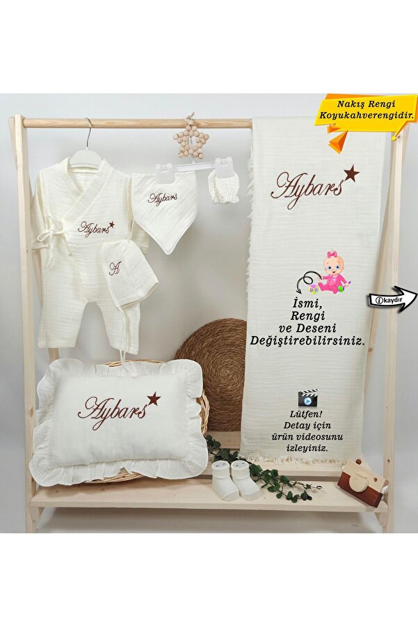 gros shop 4Katlı Müslin Kumaş 7'li Bağcıklı Tulum %100Pamuk Hastane Çıkışı (Kişiye Özgü İsimli Nakış Desenli)