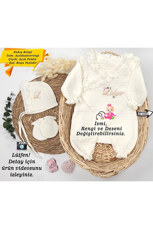 gros shop %100 Pamuk Organik 4 Katlı Müslin Kumaş  3'lü Hastane Çıkış Seti  (Kişiye Özgü İsimli Nakış Desenli)