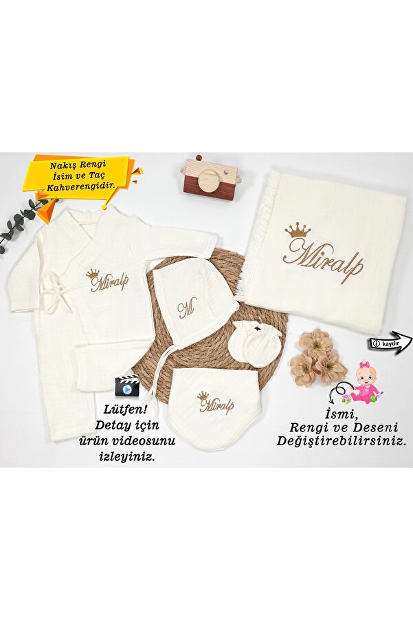 gros shop %100Pamuk 4Katlı Müslin Kumaş Bağcıklı Tulum Hastane Çıkışı-Hediye(Kişiye Özgü İsimli Nakış Desenli)