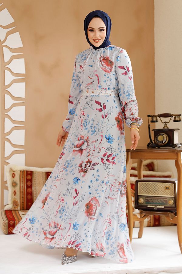Neva Style-Floral Patterned Gray Hijab Dress 27963Gr 1