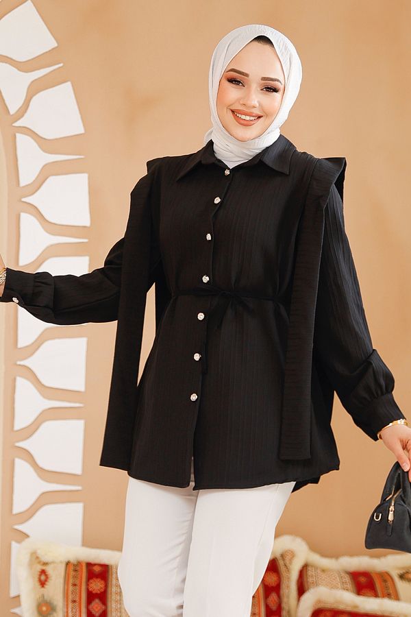 Neva Style-Tunica neagra hijab cu detaliu brâu pe umeri 10131S 1