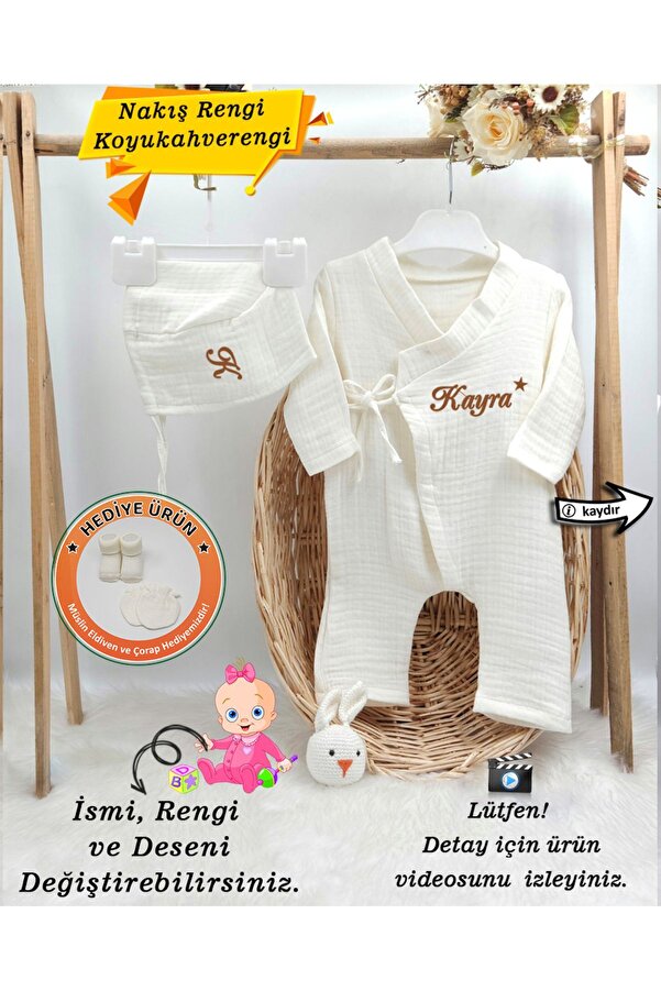 gros shop Müslin 2'li Kimono Bağcıklı Tulum %100 Pamuk Organik (Kişiye Özgü İsimli Nakış Desenli)