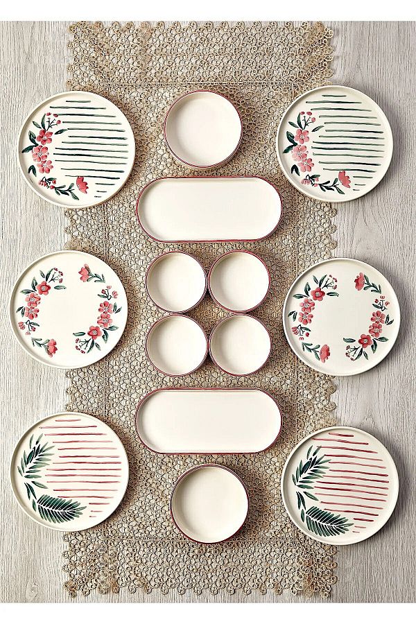 WuuQ-14 Piece Sakura Stackable Breakfast Set for 6 People - Luxury Breakfast Presentation Set Plate 1