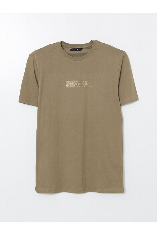 LC Waikiki-Xside Khaki Crew Neck Printed Combed Cotton Mens T-Shirt 1