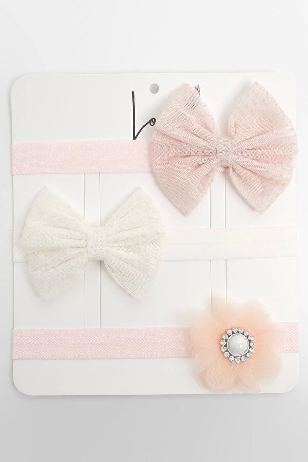 LOGO AKSESUAR Kız Bebek Bandana 3'lü Set Taşlı Tül Fiyonk, Puanlı Tül (Pudra-Ekru-Somon)